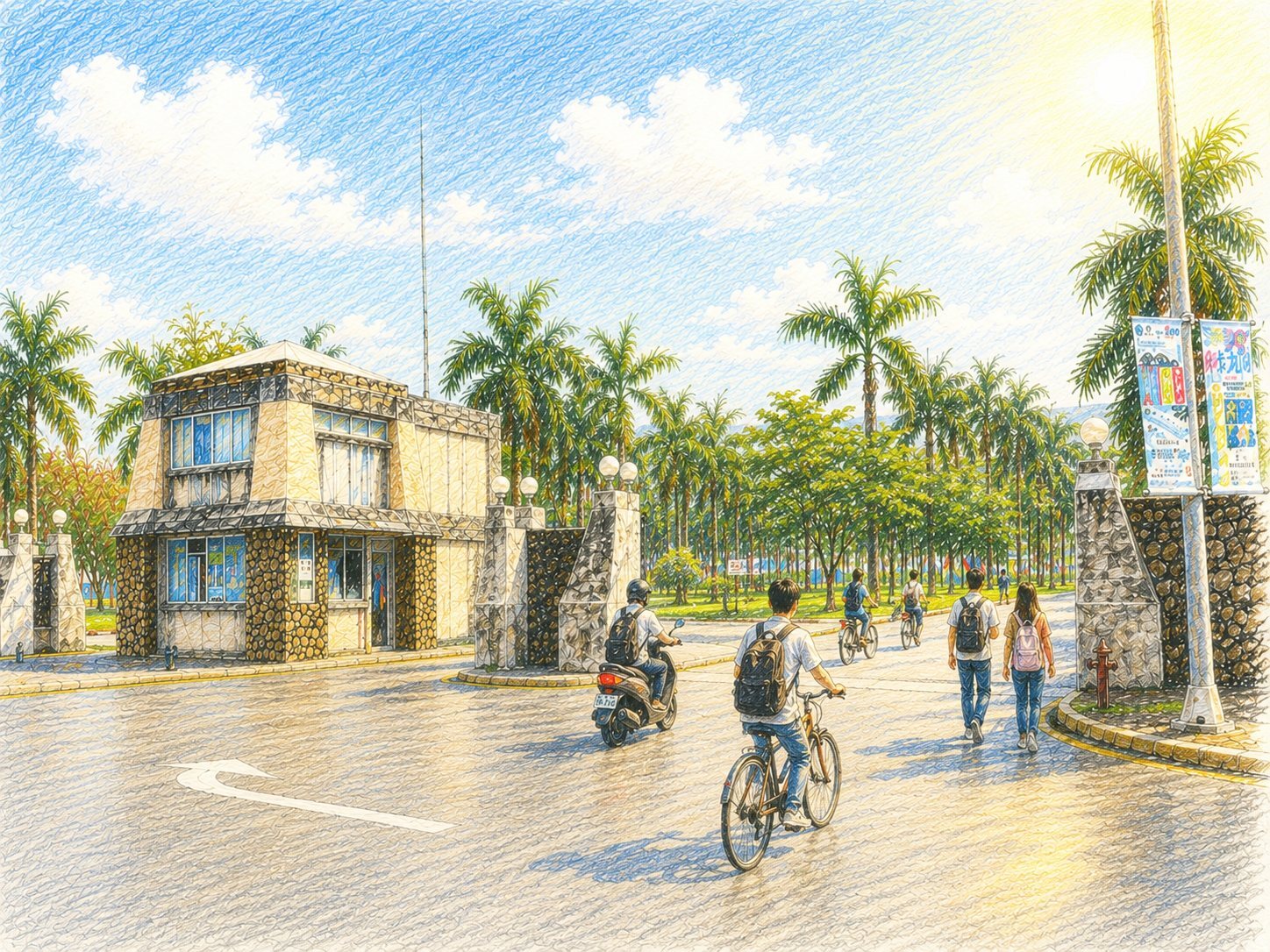 學生進入東華校園的彩鉛插畫